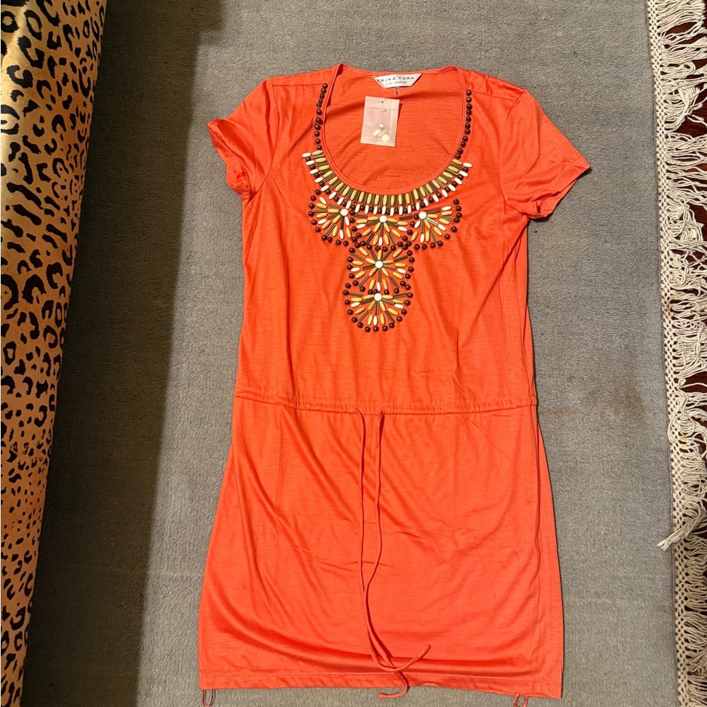 Trina Turk Orange Beaded Drawstring Dress Women’s 4 New With Tags